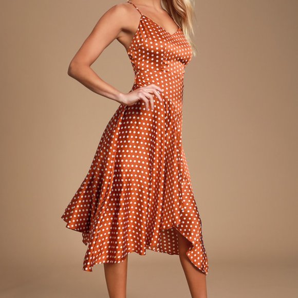 Rust Brown Polka Dot Backless Handkerchief Dress - Picture 1 of 6
